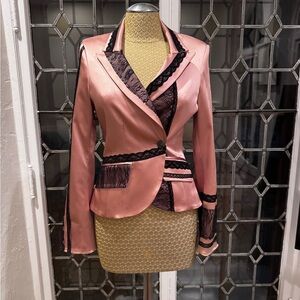 Stylish Pink Blazer with Black Lapels and Wrap Design